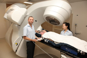 Matt Kelly and Joy Gu preparing to administer Stereotactic Ablative Body Radiotherapy