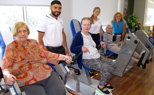 Physiotherapist and researcher Jennie Hewitt with Feros Care Wommin Bay residents (l-r) Cleo Bell, Julie Knox and Bren Catchpole, and USyd physiotherapy students Dom Dagher and Chelsea Clark.