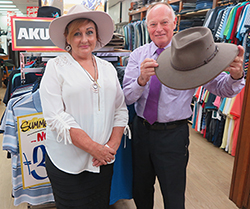 Joanne Hourigan and Peter Gooley from local Akubra stockists George Gooley Menswear. Photo by Robin Osborne