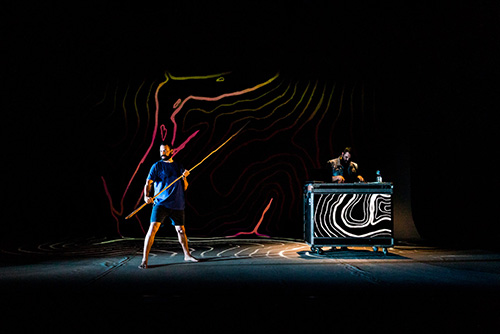 Storyteller Mitch King and composer and performer Blake Rhodes on stage in Flow. Photo by Kate Holmes. 